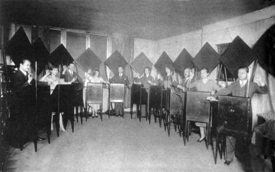 Photo of the "Ten Victor Theremins" theremin orchestra.